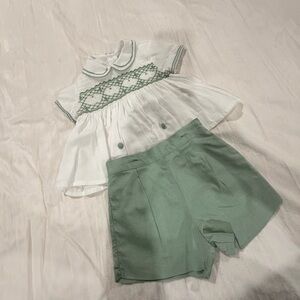 Pepa London White Smocked Baby Top with Sage Green Shorts